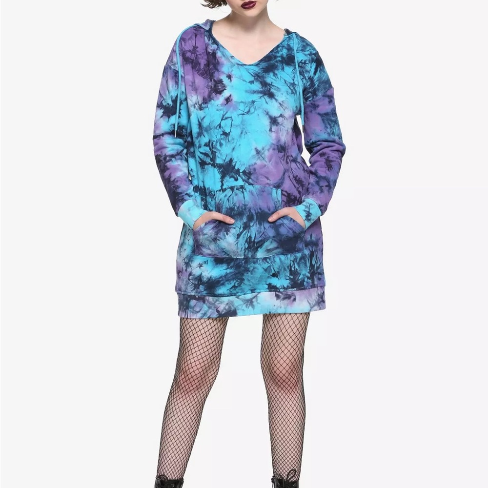 Hot Topic Blue & Purple Tie-Dye Hoodie Dress w/ Pocket & Drawstring XS